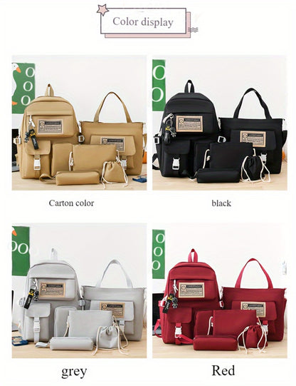 5pcs Solid Color Backpack Set, Large Capacity Double-ShoulderBag, Simple Tote, Pencil Bag, Casual Crossbody, Lightweight Student Shoulder Bag.