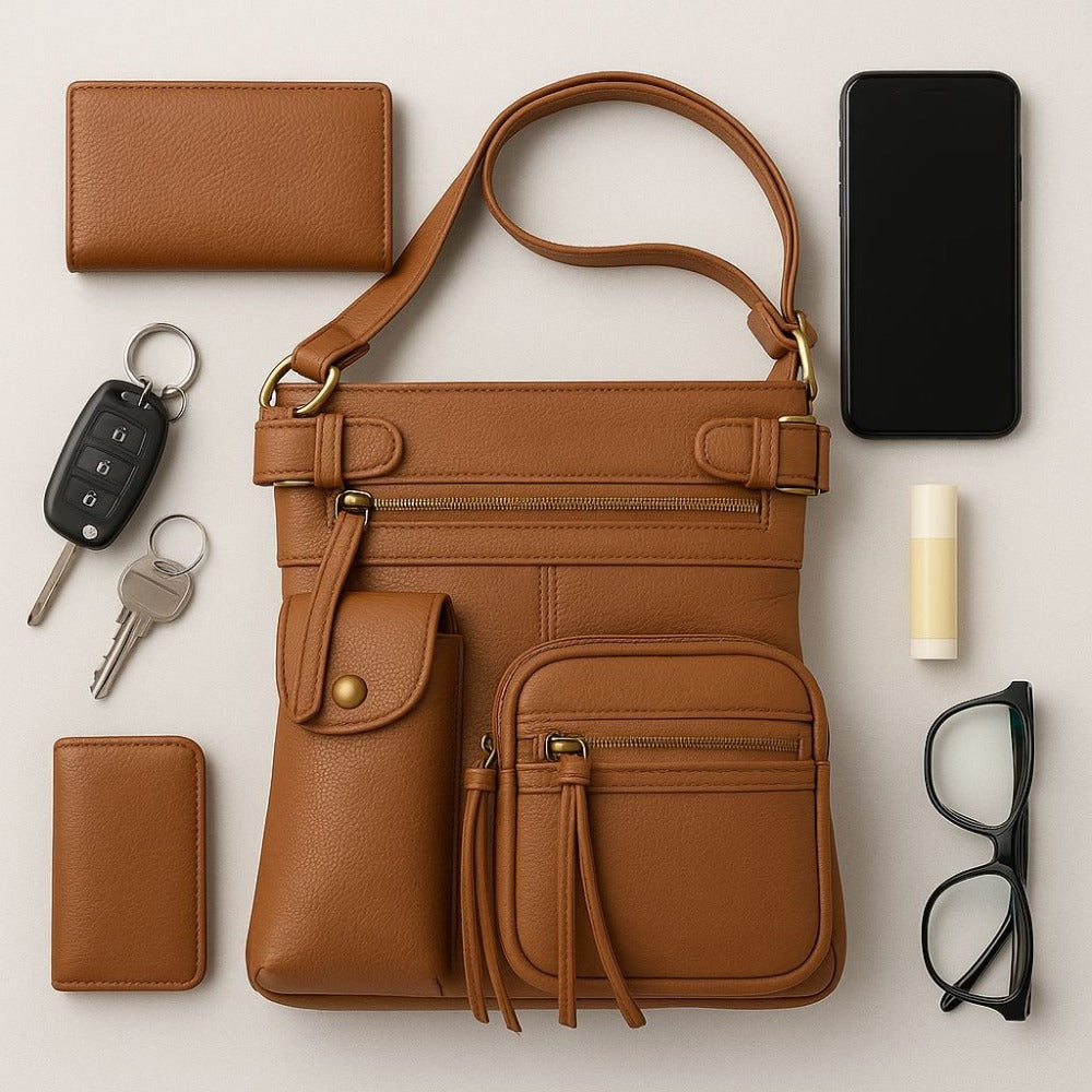Super Soft Genuine Leather Crossbody Bag with Top Belt Accent – Classic Bronze Hardware