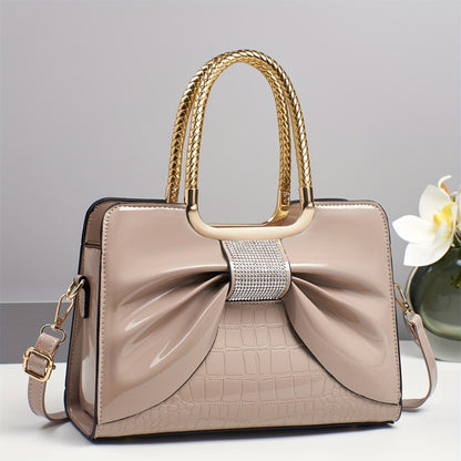 2025 Summer And Autumn Light Luxury New European And American Fashion Bow Lacquered Faux Leather Versatile Single Shoulder Cross Shoulder Handbag, Middle Aged Mother'S Bag