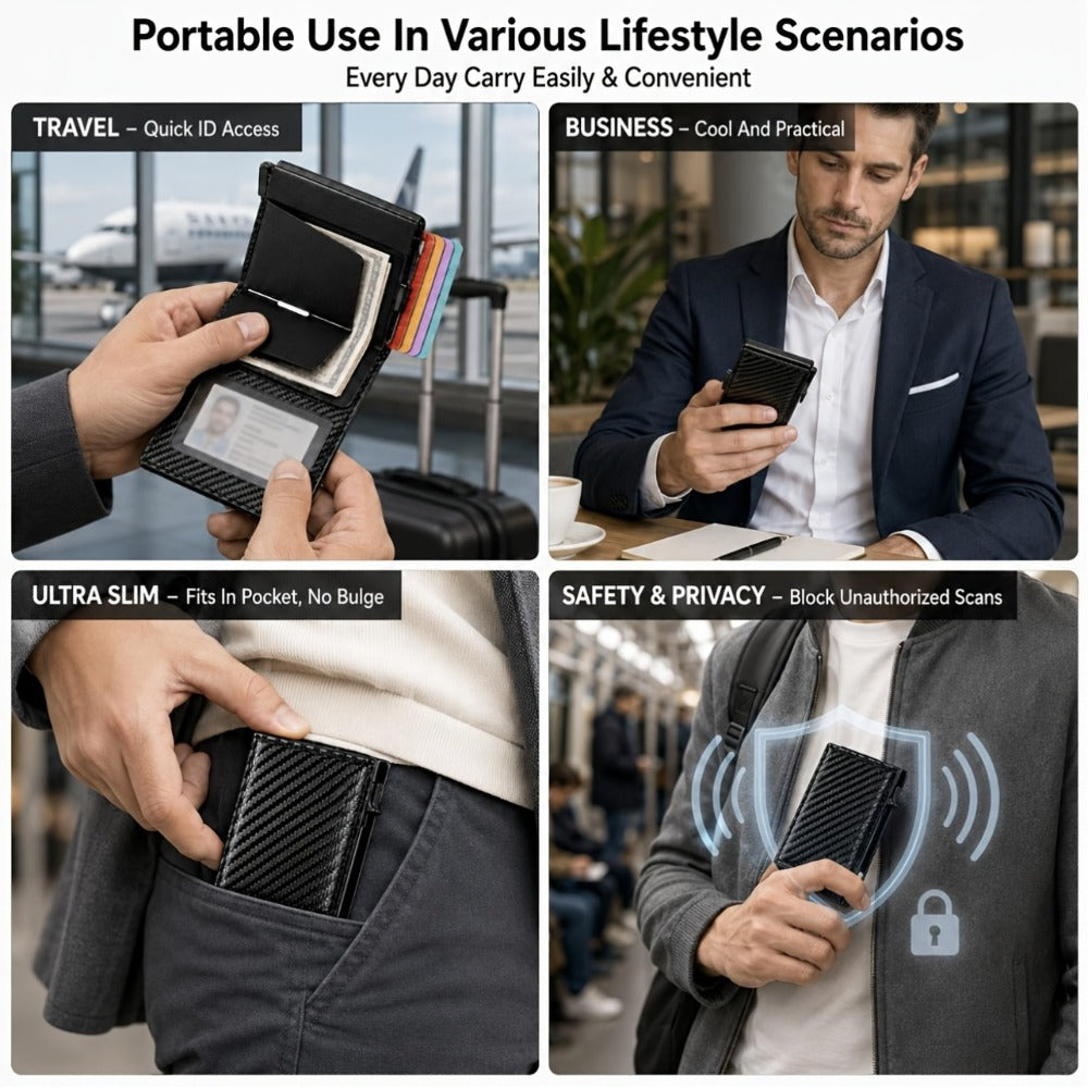 [CARBON FIBER Wallet] Men'S Wallet With Automatic Pop-up Metal Credit Card Holder, RFID Blocking Business Card Wallet, Microfiber Genuine Leather, 10 Card Slots, Smart Airtag, Lightweight Multi-functional Money Clip, Suitable For Travel/ Daily USE.