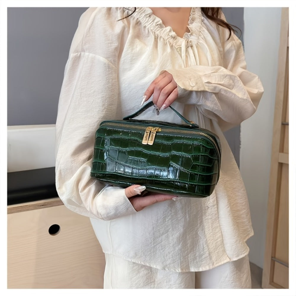Travel Makeup Bag Crocodile Pattern Women's PU Portable Cosmetic Bag Luxury Golden Zipper Portable Organizer Storage Bag Large Capacity