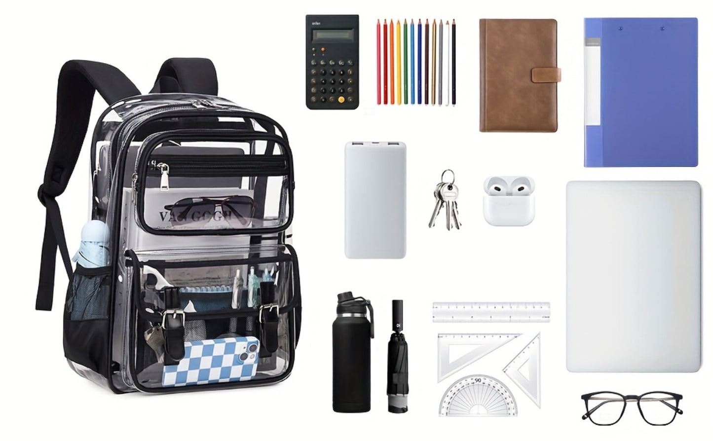 Women's PVC Transparent School Backpack with Large Capacity Multi-Pocket Bookbag, Adjustable Shoulder Straps & Transparent Panels Suitable for School, College, Office, Computer Bag, Laptop Carrier, Zipper Closure