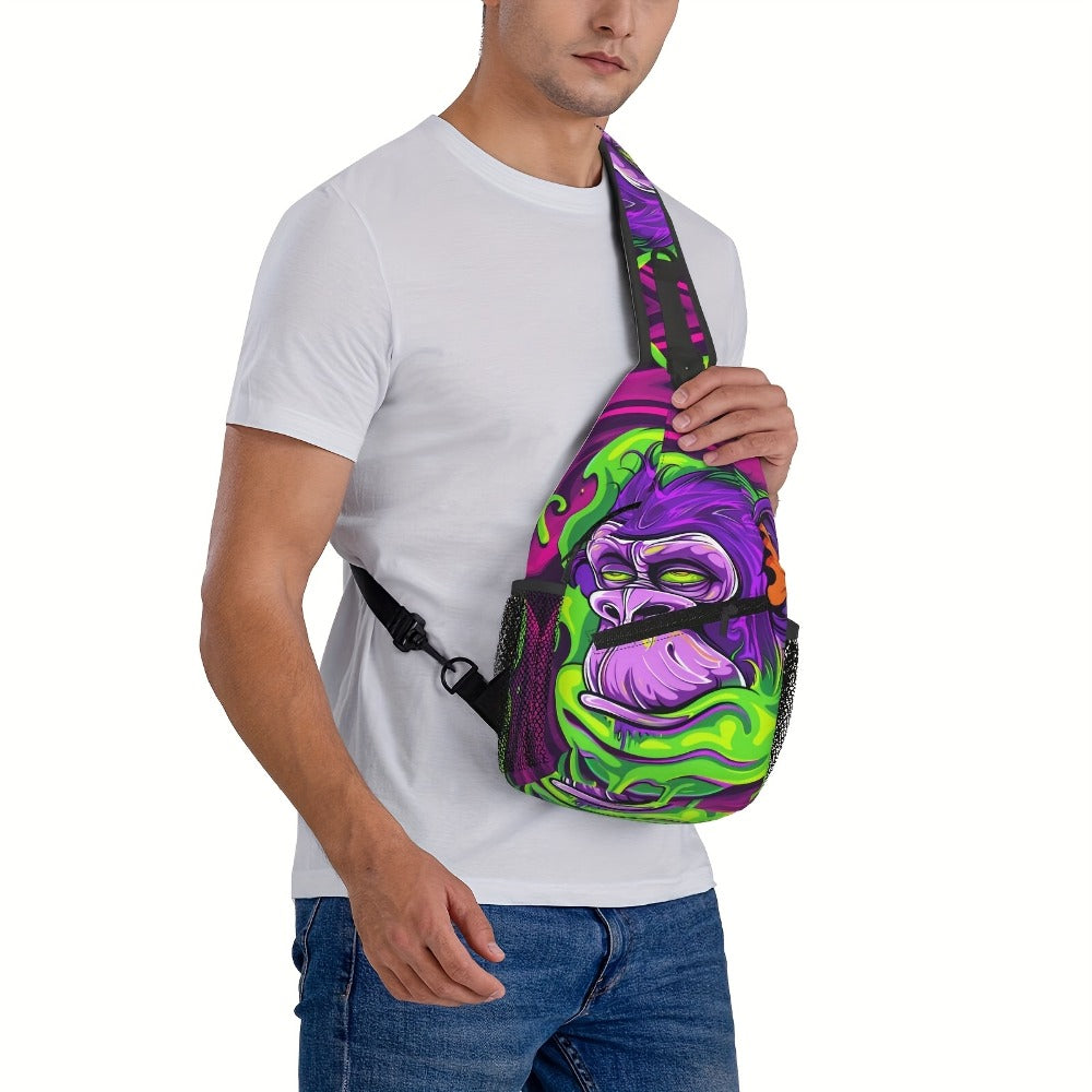 A Vibrant Gorilla-Themed Crossbody Chest Bag Suitable for Hiking, Featuring a Spacious Design. This Stylish And Sturdy Bag Is Perfect for Shopping, Work, Leisure Trips, Beach Outings
