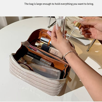 Travel Makeup Bag Crocodile Pattern Women's PU Portable Cosmetic Bag Luxury Golden Zipper Portable Organizer Storage Bag Large Capacity