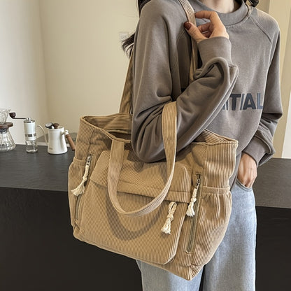 Spacious And Trendy Shoulder Bag for Women, Crafted from Corduroy Fabric. an Essential Addition to Your Wardrobe, It Includes Small Inner Pockets, a Zipper Closure, a Chic Minimalist Design for Underarm Wear, And Elastic Side Pockets