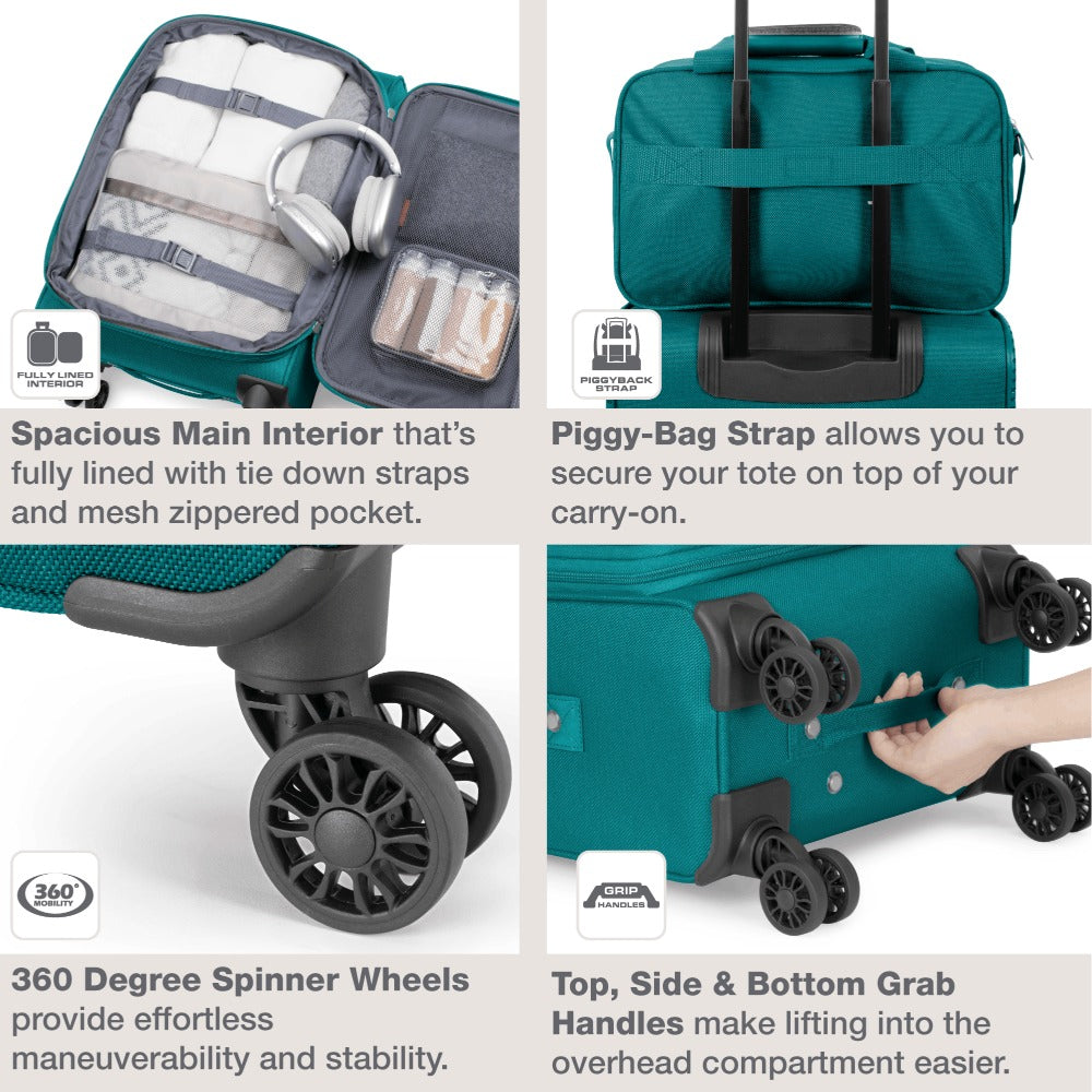 U.S. Traveler Rio II 2-Pcs Polyester Carry-on Suitcase w/ Tote | Soft Shell, Lightweight, Expandable & 360° Dual Spinner Wheels | Two-Tone, Colorblock, Matching Color, Black, Evergreen & Teal - Travel Luggage Set for Travel, Business Trips, and Weekend Ge