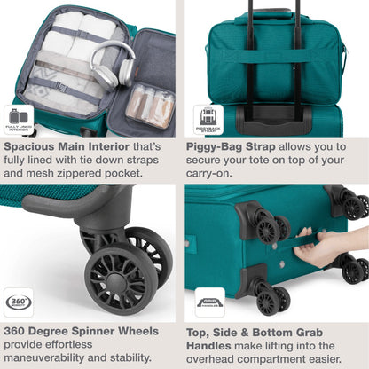 U.S. Traveler Rio II 2-Pcs Polyester Carry-on Suitcase w/ Tote | Soft Shell, Lightweight, Expandable & 360° Dual Spinner Wheels | Two-Tone, Colorblock, Matching Color, Black, Evergreen & Teal - Travel Luggage Set for Travel, Business Trips, and Weekend Ge