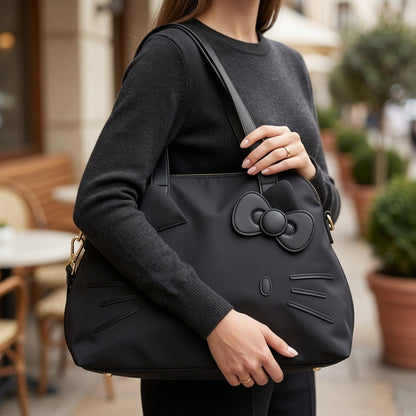 Sanrio Hello Kitty 2025 New Large Capacity Tote Bag - Detachable Shoulder Strap, Lightweight Nylon Material, Designed for Women, Black And White Color Scheme, Zipper Closure, Machine Washable, Suitable for Work, Commuting, And Travel, Playful Design