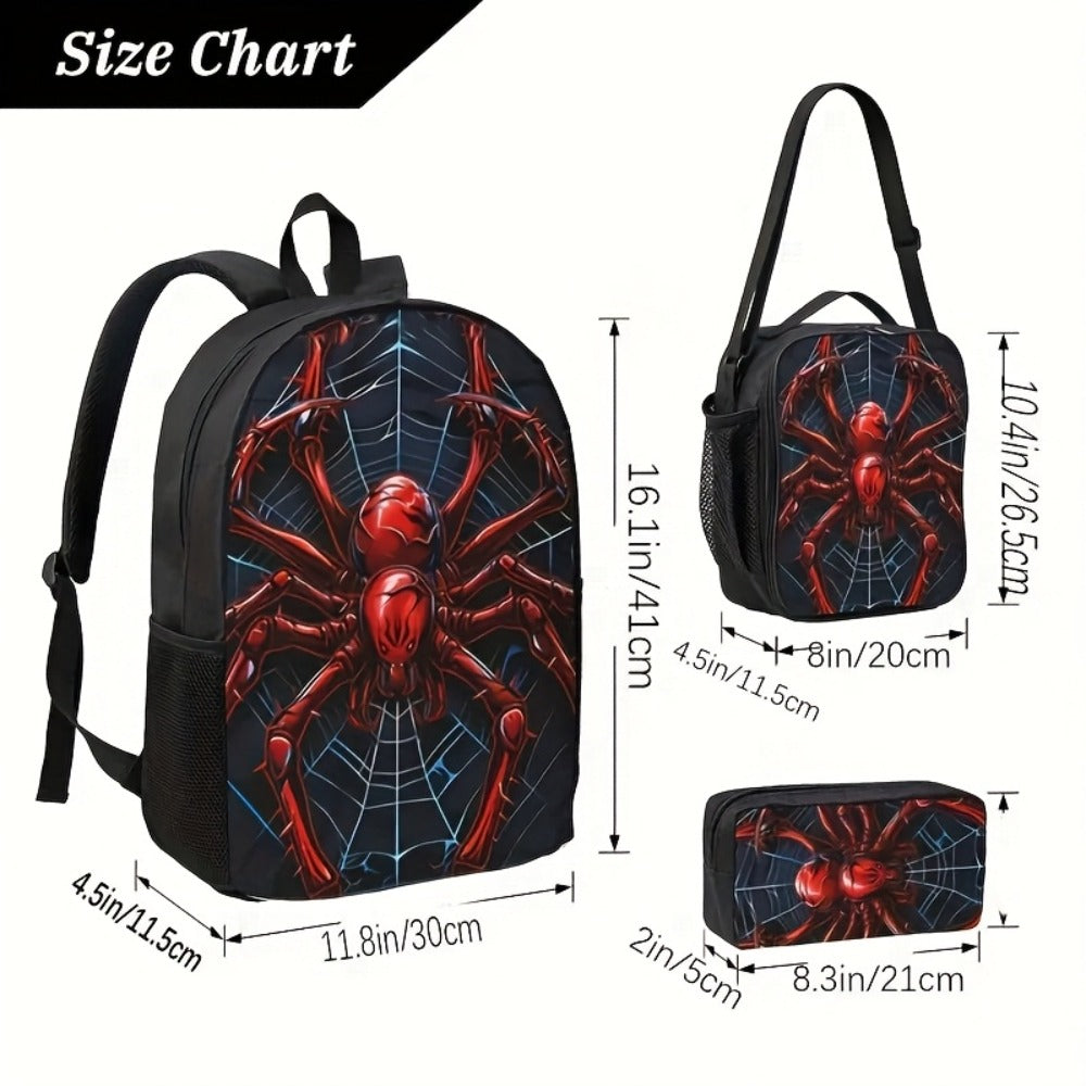 3pcs Spider Print Three-piece Backpack Combination, Unisexes Polyester Large Capacity Backpack with Square Pen Bag, Adjustable Shoulder Strap Double Zipper Animal Style, Suitable for Commuter Travel Outdoors, for Teenager