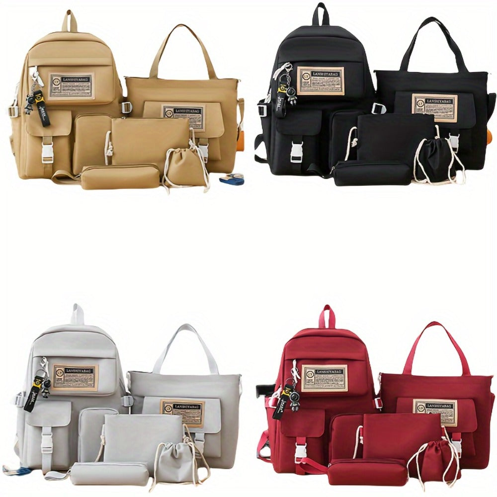 5pcs Solid Color Backpack, Women's Travel Bag, Large Capacity Backpack, Simple Tote Bag, Pencil Case, Casual Crossbody Bag, Lightweight Student Shoulder Bag
