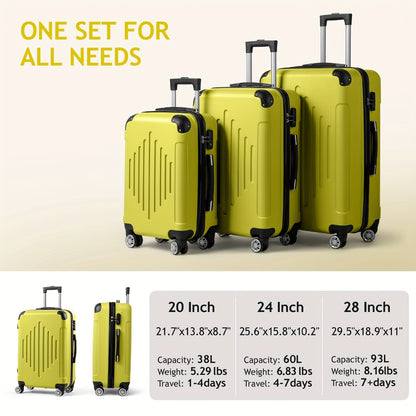 Set of 3 Luggage, Lightweight Hard Carry-On Suitcases with TSA Lock And Spinner Wheels in Soft Yellow