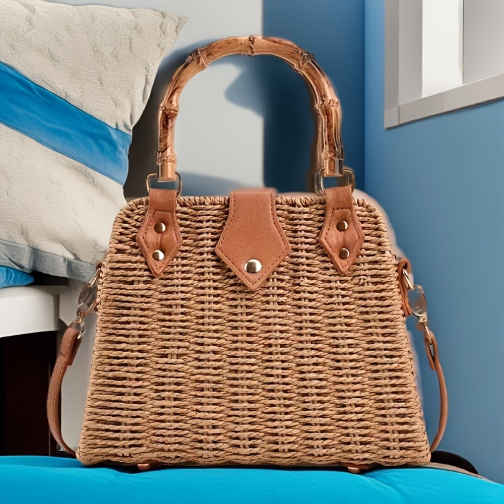Ethnic-Inspired Vintage French-Style Woven Straw Tote Bag for Women - Bamboo Handle, Brown & Beige Check Pattern, Single Shoulder, Crossbody, and Handbag, Casual Occasion Bag|Vintageinspired Bag|Durable Handle, Straw Tote Bag