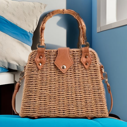 Ethnic-Inspired Vintage French-Style Woven Straw Tote Bag for Women - Bamboo Handle, Brown & Beige Check Pattern, Single Shoulder, Crossbody, and Handbag, Casual Occasion Bag|Vintageinspired Bag|Durable Handle, Straw Tote Bag