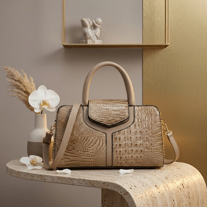 [Crocodile Embossed Satchel] Women's Crocodile Embossed Satchel Handbag Beige Top Handle Purse with Detachable Shoulder Strap Structured Tote Bag