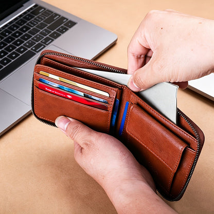 Men'S Genuine Leather Zipper Wallet RFID Blocking Large Capacity Double Fold Multi-Card Top Layer Leather Wallets for Men And Coin Purse