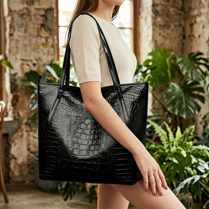 Stylish Black Crocodile-Print Women's Handbag - Large Capacity Scratch-Resistant Tote with Zipper Closure, Fixed Shoulder Strap & Cosmetic Pouch for Shopping, Commuting, Parties