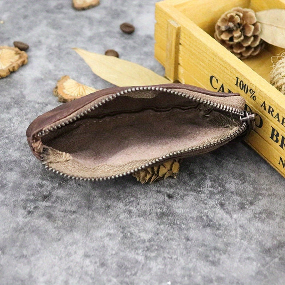 Vintage Style Genuine Top-Grain Leather Coin Purse, Hand-Painted Mini Pouch with Zipper - 1pc