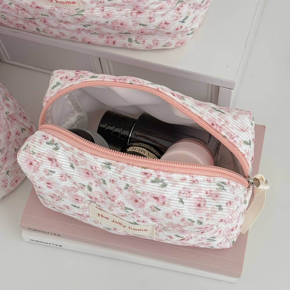 Women'S Corduroy Makeup And Toiletry Organizer Bag - Large Capacity Lightweight Travel Cosmetic Case with Zipper Closure, Durable Fabric for Daily Use And Trips, Pastel Pink And Floral Design