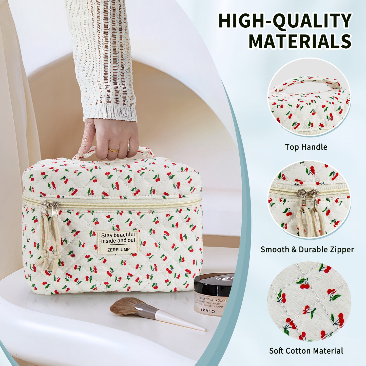 Cute Quilted Floral Makeup Bag (3Pcs)Coquette Aesthetic Cosmetic BagTravel Toiletry Bags Kawaii Aesthetic pouch for Women