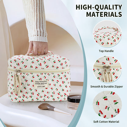 Cute Quilted Floral Makeup Bag (3Pcs)Coquette Aesthetic Cosmetic BagTravel Toiletry Bags Kawaii Aesthetic pouch for Women