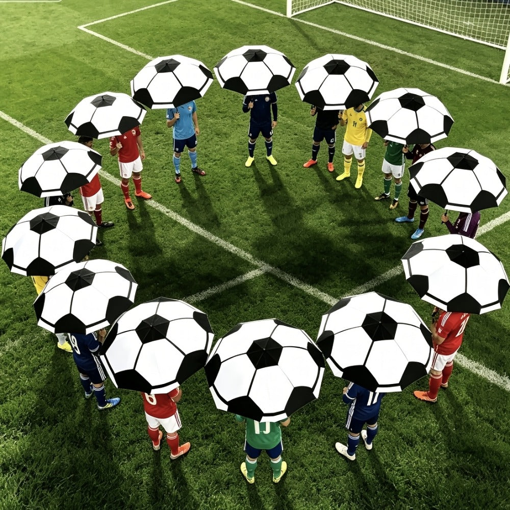 This New Folding Umbrella Features A Large Soccer Ball Print. It'S An Essential Umbrella For Soccer Enthusiasts, Portable, And Suitable For All Seasons. It'S A Casual Outdoor Accessory And A Must-have For The Home.