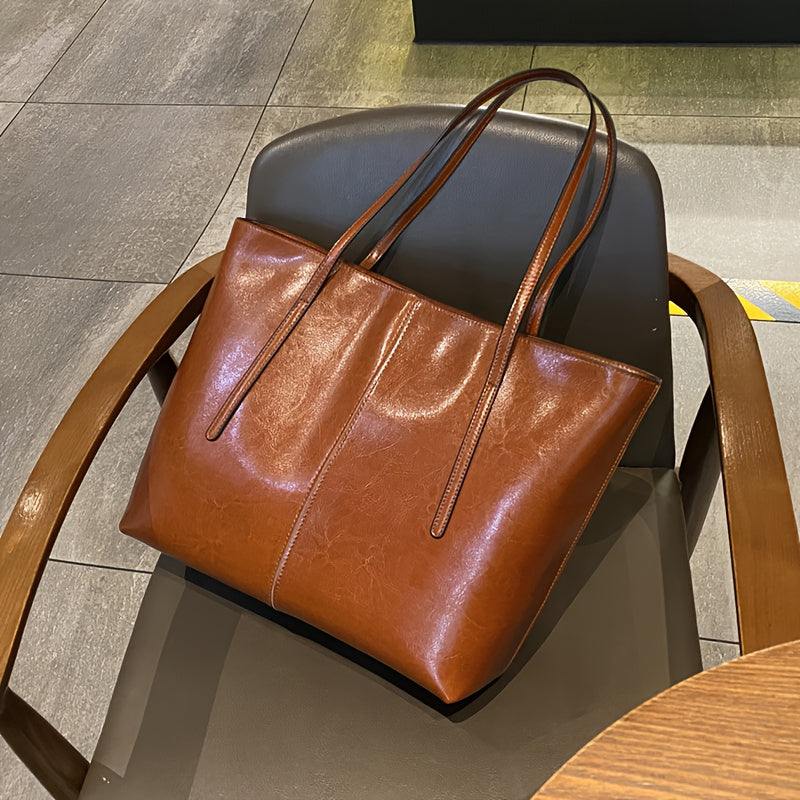 High-quality Oil and Wax Genuine Leather Tote Bag, Double-compartment Zipper Inner Pocket Design, Large-capacity Portable Crossbody Bag, Elegant Shoulder Bag