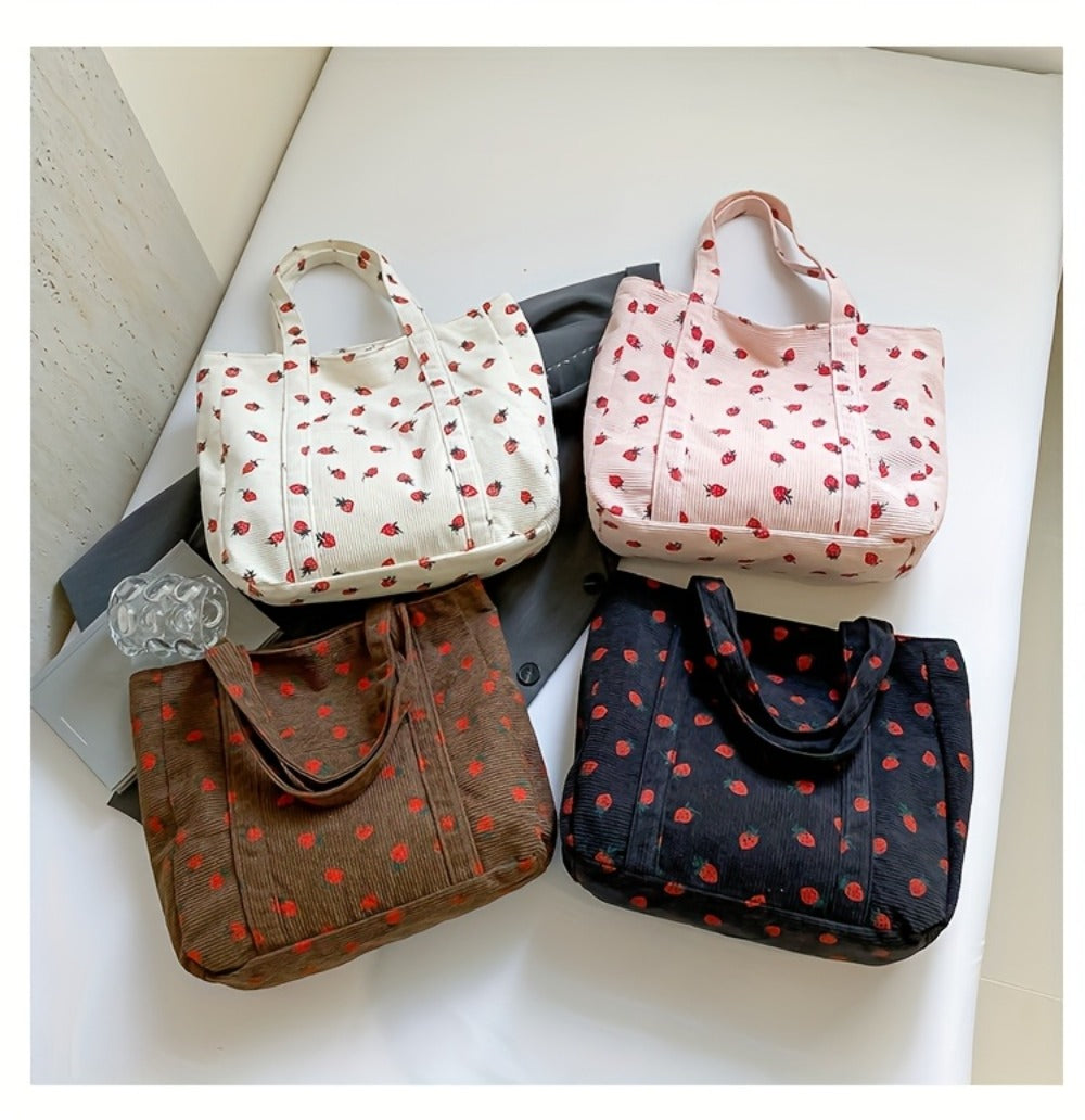 Women' Large Capacity Corduroy Tote Bag with Strawberry Pattern - /// Casual Handbag, Zipper Closure & - Corduroy Shoulder Bag for, Travel, Shopping