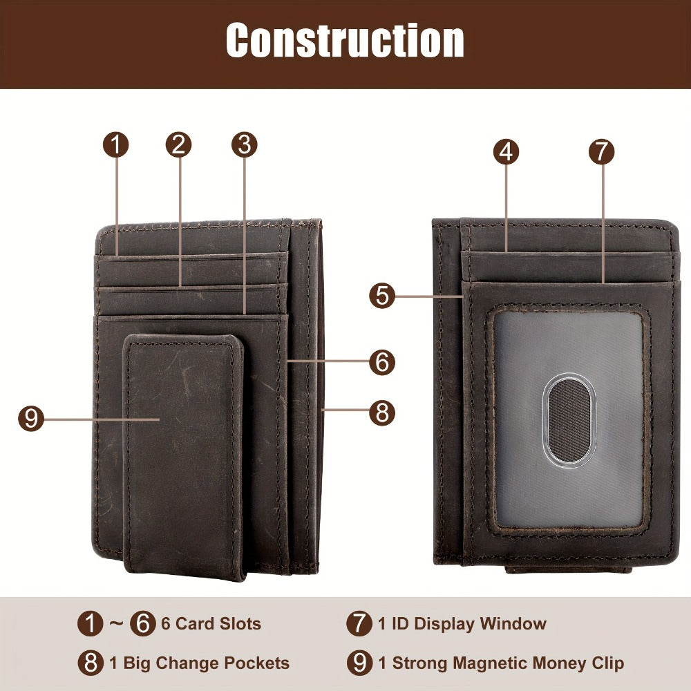 Leather Wallet for Men Featuring a Magnetic Money Clip, RFID Protection for Cards, a Slim Design for Front Pockets, Perfect As a Father'S Day Gift