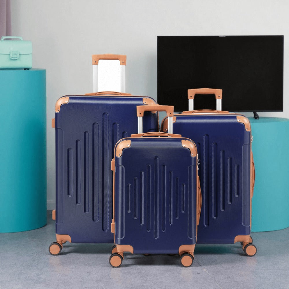 LEADZM Hardside 3pcs Luggage Sets with Spinner Wheels Expandable and TSA Lock Hard Shell Lightweight Suitcase, Blue and Brown, 20"/ 24"/ 28", for Woman and for Man