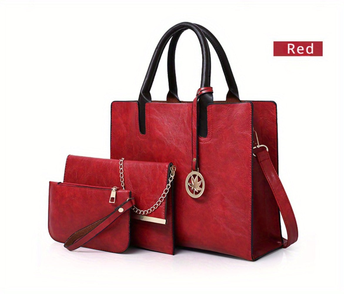 Set of 3 Vintage-Inspired Women'S Bags - Includes a Tote with Chain, a Crossbody Bag, And a Coin Purse
