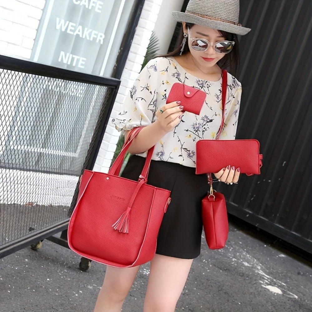 4pcs Luxury Women's Handbag Set - Elegant Tote Bag, Crossbody Purse & Wallet with Fixed Strap, Zipper Closure, - Perfect Gift for Valentine's Day, Christmas - Daily Commute & Shopping Essentials, Handbag for Women, Crossbody Purse, Durable