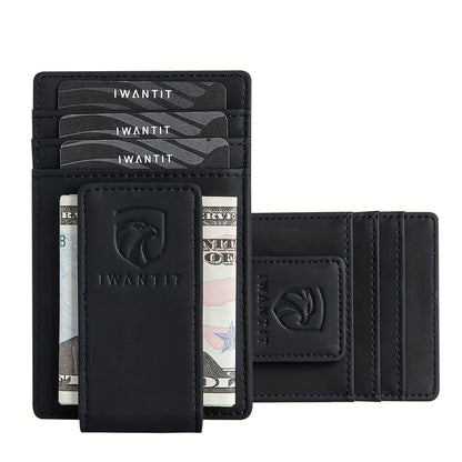 [Genuine Leather Card Holder] Ultra-Thin RFID Anti-Theft Credit Card Holder, Genuine Leather Front Pocket Wallet, With Id Card Window, Ultra-Thin Minimalist Men's Card Holder