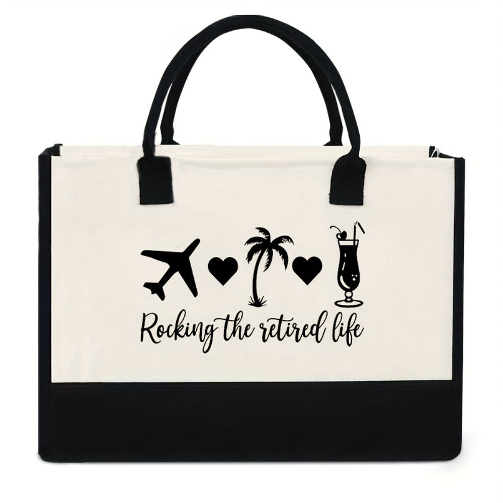 1pc "Rocking the Retired Life" Tote Bag - Large Capacity, Black & White, Ideal for Grandparents, Retirees, and Daily Commute, Hand Washable, Everyday Tote Bag|Playful Design|Durable Handle, Retirement Gifts