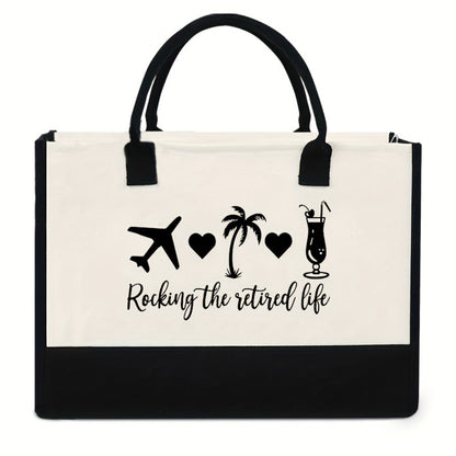 1pc "Rocking the Retired Life" Tote Bag - Large Capacity, Black & White, Ideal for Grandparents, Retirees, and Daily Commute, Hand Washable, Everyday Tote Bag|Playful Design|Durable Handle, Retirement Gifts