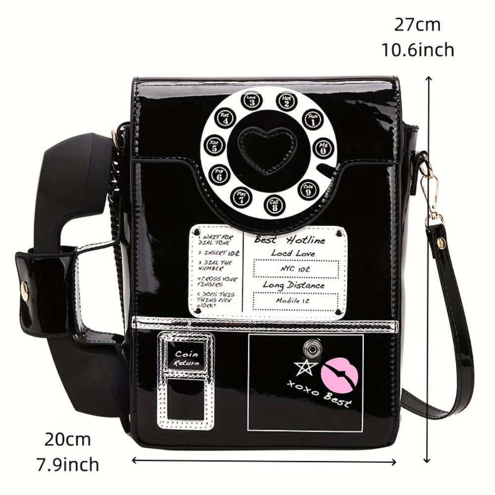 Creative And Stylish PU Glossy Chic Retro Telephone-Shaped Cross Body Bag For Women - Fashionable Simulated Body Bag, Irregular Bag, Shoulder Purse, Comb Bag, Available In Black, Red, Pink. A Perfect Birthday Gift For Your Best Friend Or Family