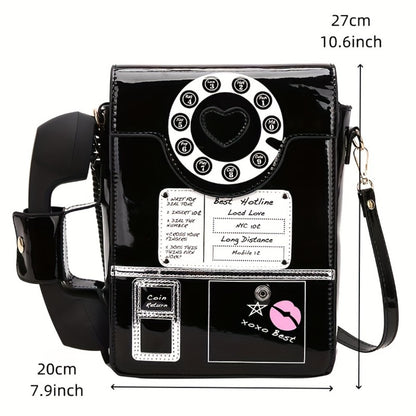 Creative And Stylish PU Glossy Chic Retro Telephone-Shaped Cross Body Bag For Women - Fashionable Simulated Body Bag, Irregular Bag, Shoulder Purse, Comb Bag, Available In Black, Red, Pink. A Perfect Birthday Gift For Your Best Friend Or Family