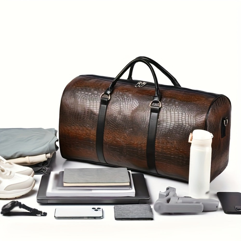 Vintage Crocodile Pattern Luggage | Retro Style | Large Capacity | Black And Dark Brown | Multifunctional Travel Handbag with Shoulder Strap
