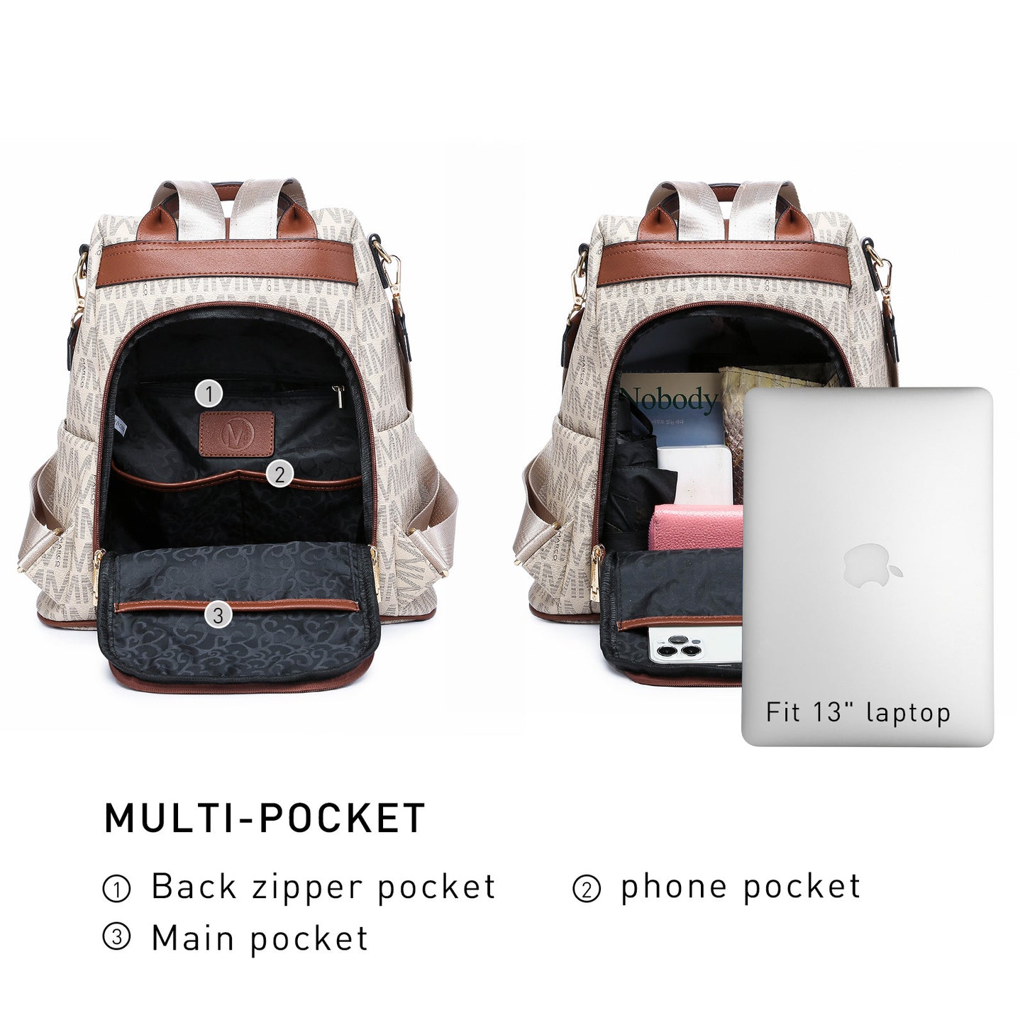 MKP COLLECTION 2pcs Set Women's Fashion Anti-Theft Rucksack & Shoulder Bag Multifunctional Travel Purse