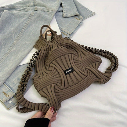 Korean Chic Knitted Top-Handle Bag - Soft Fabric Material, Adjustable Fixed Shoulder Straps, Partial Lining, and No-Closure Design for Effortless Casual, Vacation, and Daily Use