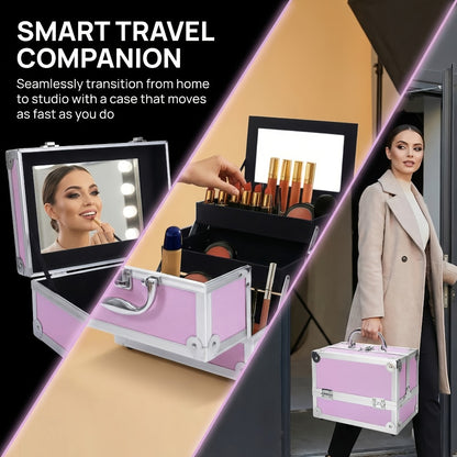 Aluminum Makeup Case - Train Case Jewelry Box Cosmetic Organizer with Mirror & Trays, Handheld Makeup Case with Handle