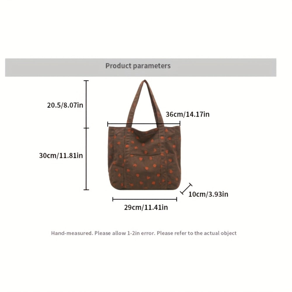 Women' Large Capacity Corduroy Tote Bag with Strawberry Pattern - /// Casual Handbag, Zipper Closure & - Corduroy Shoulder Bag for, Travel, Shopping