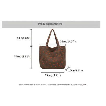 Women' Large Capacity Corduroy Tote Bag with Strawberry Pattern - /// Casual Handbag, Zipper Closure & - Corduroy Shoulder Bag for, Travel, Shopping