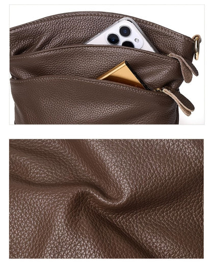[Elegant Style] Genuine Leather Women'S Crossbody Bag, Double Pockets, Detachable Shoulder Strap, Zipper Closure, Multi-Functional Shoulder Bag, Satchel Bag
