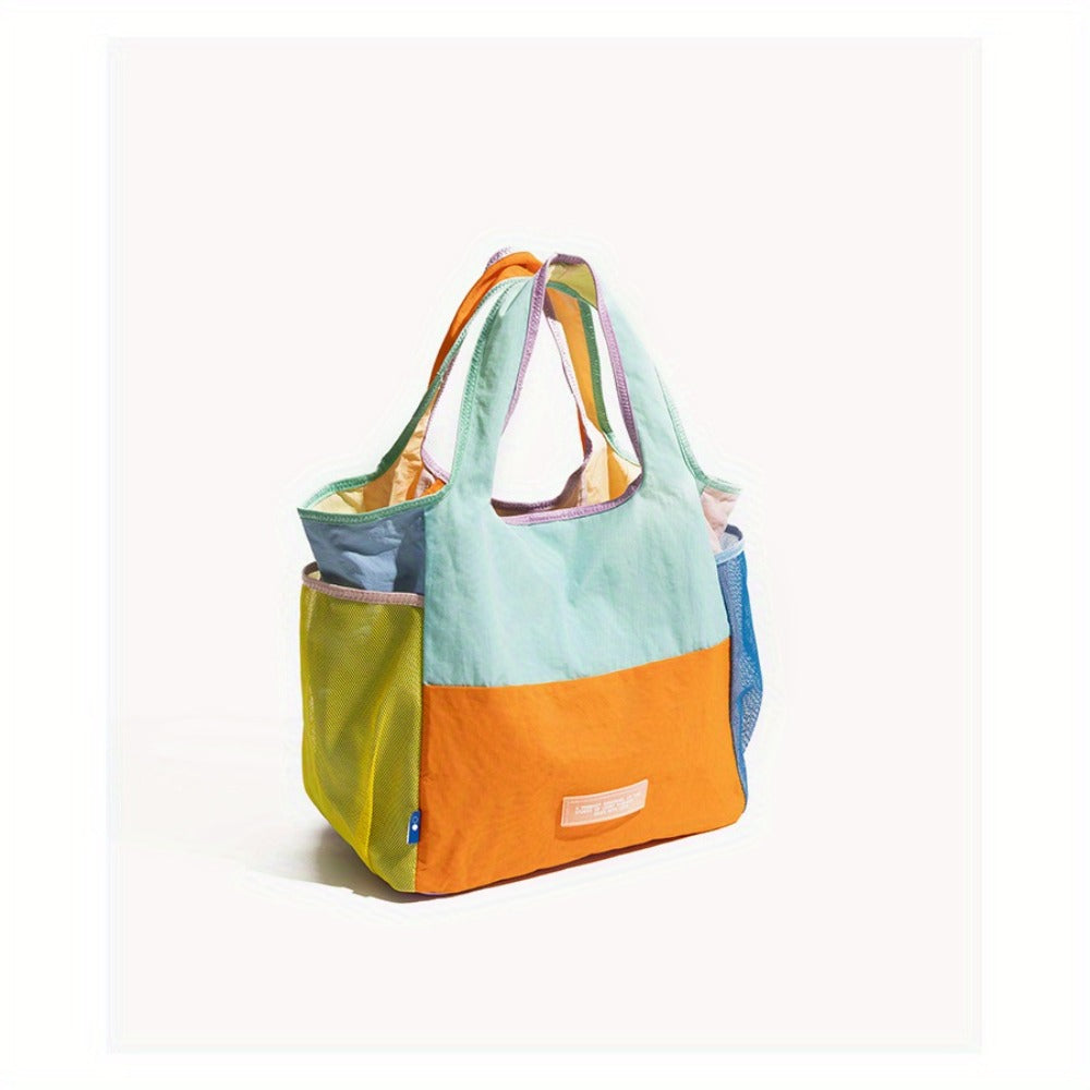 Lightweight Patchwork Handbag with Adjustable Strap & Snap Closure - Multicolor Patchwork (////), Machine-Washable Polyester Beach Satchel Bag Suitable for Casual & Dressy Outfits