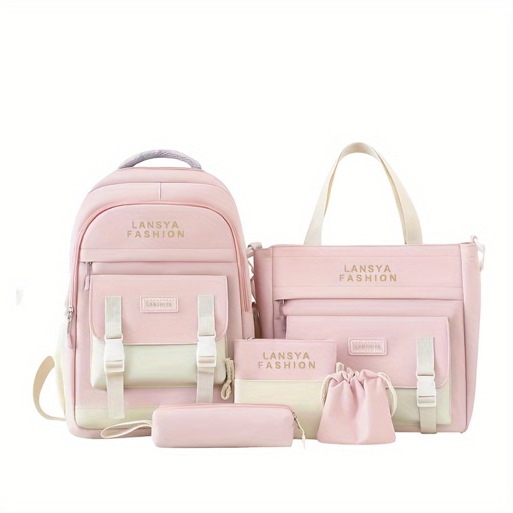 5pcs/Set Campus Fashionable Backpack Set for Men Women, Large Capacity Satchel Backpack And Tote Bag And Sling Bag And Pencil Pouch And Drawstring Small Bag, School Bag Set for Daily Commute, Ideal Gifts for Students
