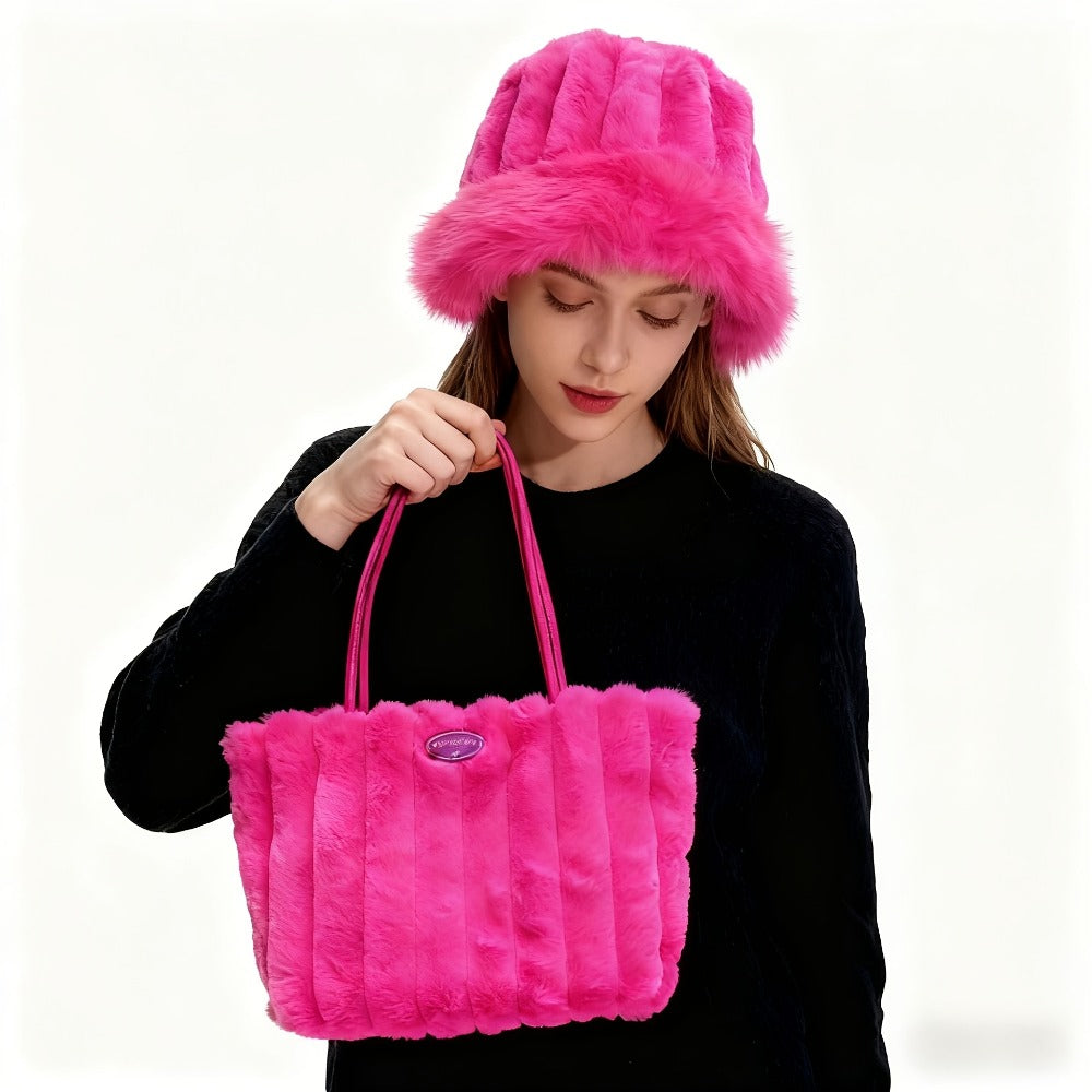 2pcs Women'S Fleece-Lined Shoulder Bag And Bucket Hat Set, Warm And Thickened, Versatile for Autumn And Winter Daily Wear