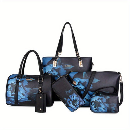 6pcs Women's Bag Set - Vintage Chinese Style Flower 6pcs Tote Bag Wallet Card Bag Crossbody Bag Shoulder Bag