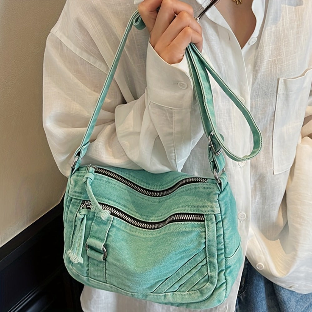 Womens  Turquoise Synthetic Handbag with Adjustable Strap MultiZipper Compartments Spacious Square Crossbody Bag with GoldenTone Hardware, GoldenTone Hardware Zippered Pocket Work, Shopping, Everyday Purse Durable Lining GoldenTone Hardwar