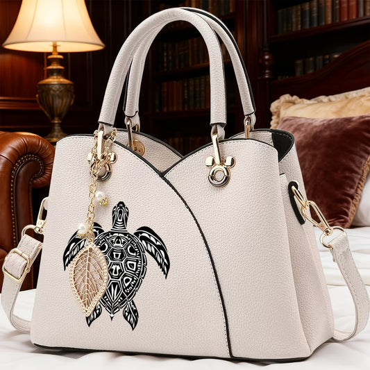 [Valentine's Day Ramadan] Black And White Geometric Turtle Pattern Women's Shoulder Bag, Crossbody Bag, Handbag With Metal Leaf Charm, A Top Choice For Gifts For Mothers And Friends, Valentine's Day And Ramadan