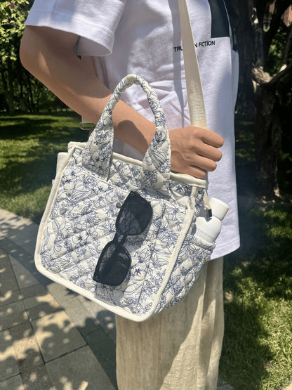 Floral Quilted Tote Bag for Women, Cute Crossbody Shoulder Purse with Pockets, Everyday Handbags